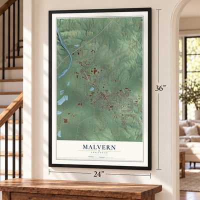 Malvern, Arkansas map, 24 x 36 inch print in a black frame by a staircase