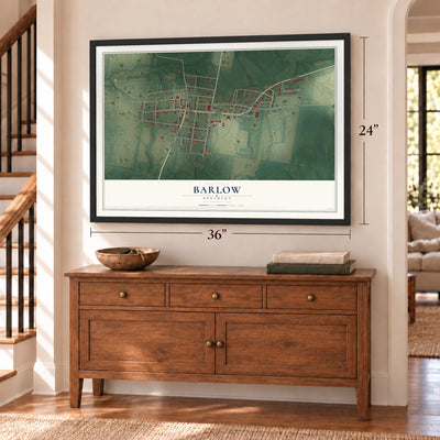 Barlow, Kentucky map, 24 x 36 inch print in a black frame above a dresser by a staircase