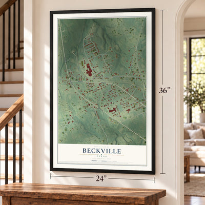 Beckville, Texas map, 24 x 36 inch print in a black frame by a staircase