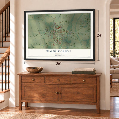 Walnut Grove, Missouri map, 24 x 36 inch print in a black frame above a dresser by a staircase