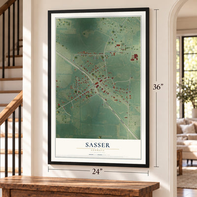 Sasser, Georgia map, 24 x 36 inch print in a black frame by a staircase
