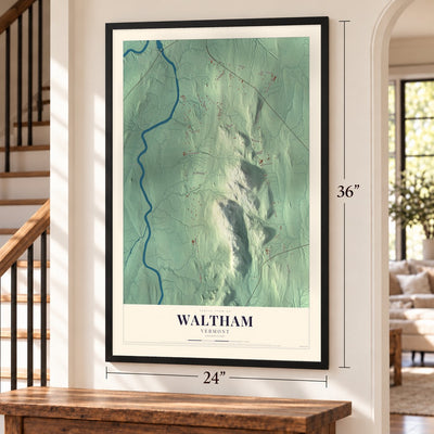 Waltham, Vermont map, 24 x 36 inch print in a black frame by a staircase