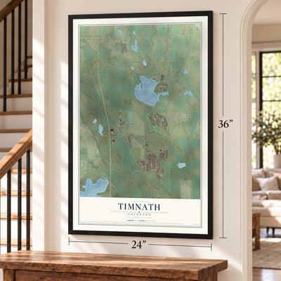 Timnath, Colorado map, 24 x 36 inch print in a black frame by a staircase