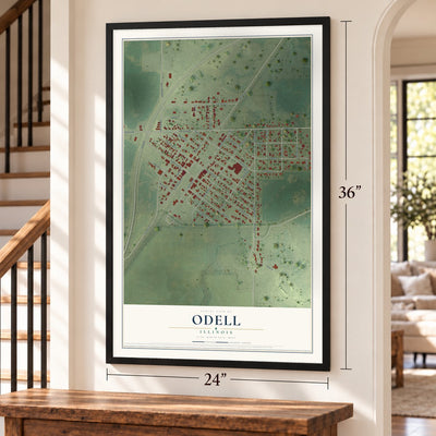 Odell, Illinois map, 24 x 36 inch print in a black frame by a staircase