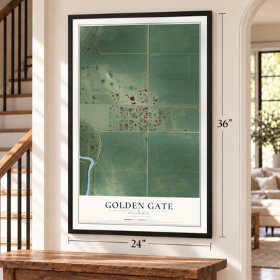 Golden Gate, Illinois map, 24 x 36 inch print in a black frame by a staircase