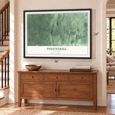Poestenkill, New York map, 24 x 36 inch print in a black frame above a dresser by a staircase