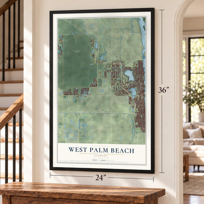 West Palm Beach, Florida map, 24 x 36 inch print in a black frame by a staircase