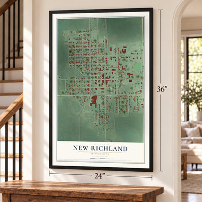 New Richland, Minnesota map, 24 x 36 inch print in a black frame by a staircase