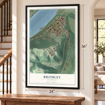 Bromley, Kentucky map, 24 x 36 inch print in a black frame by a staircase