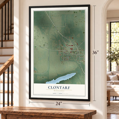 Clontarf, Minnesota map, 24 x 36 inch print in a black frame by a staircase