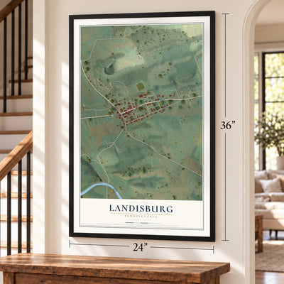 Landisburg, Pennsylvania map, 24 x 36 inch print in a black frame by a staircase