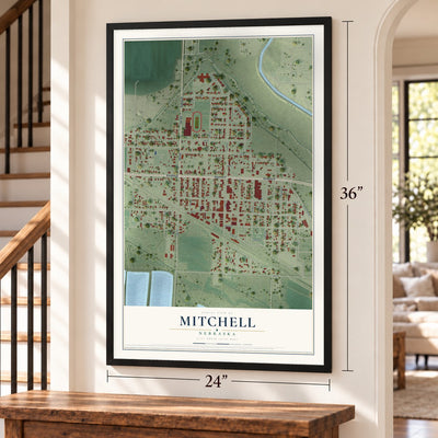 Mitchell, Nebraska map, 24 x 36 inch print in a black frame by a staircase