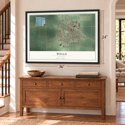 Wells, Minnesota map, 24 x 36 inch print in a black frame above a dresser by a staircase