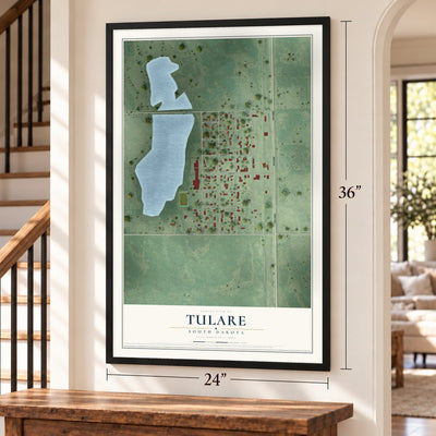 Tulare, South Dakota map, 24 x 36 inch print in a black frame by a staircase
