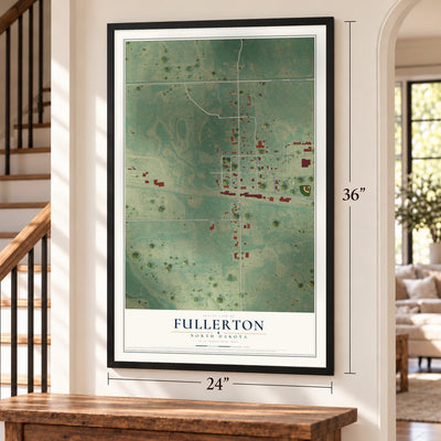 Fullerton, North Dakota map, 24 x 36 inch print in a black frame by a staircase
