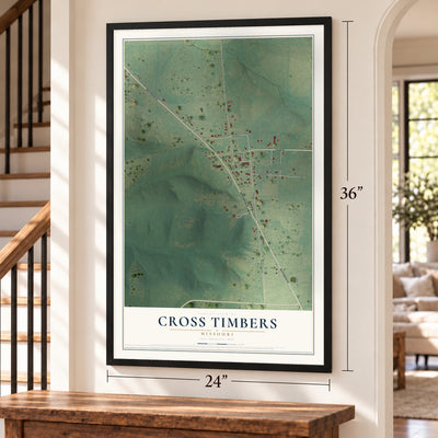 Cross Timbers, Missouri map, 24 x 36 inch print in a black frame by a staircase