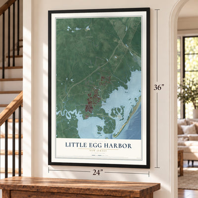 Little Egg Harbor, New Jersey map, 24 x 36 inch print in a black frame by a staircase