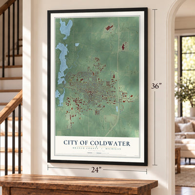 Coldwater, Michigan map, 24 x 36 inch print in a black frame by a staircase