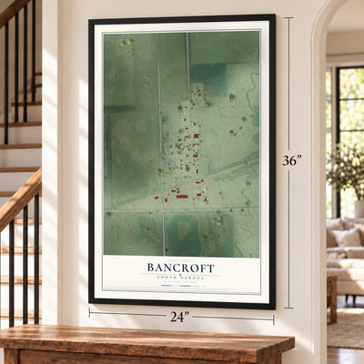 Bancroft, South Dakota map, 24 x 36 inch print in a black frame by a staircase
