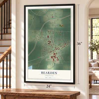 Bearden, Arkansas map, 24 x 36 inch print in a black frame by a staircase