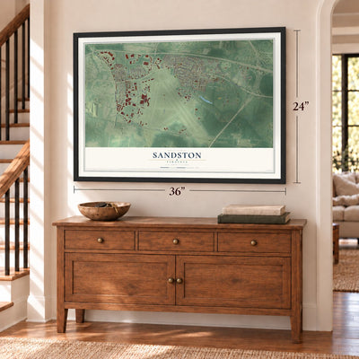 Sandston, Virginia map, 24 x 36 inch print in a black frame above a dresser by a staircase