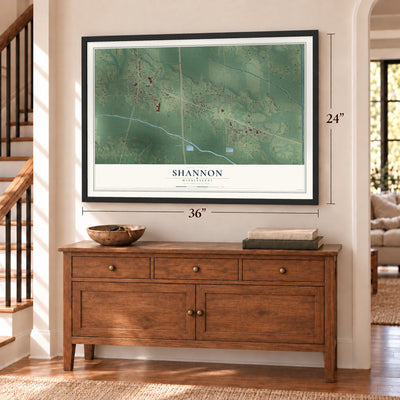Shannon, Mississippi map, 24 x 36 inch print in a black frame above a dresser by a staircase