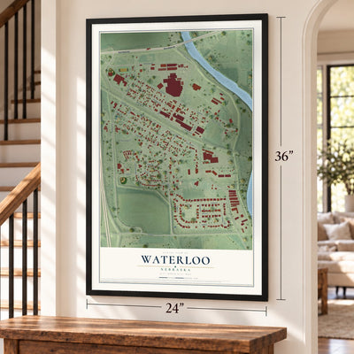 Waterloo, Nebraska map, 24 x 36 inch print in a black frame by a staircase