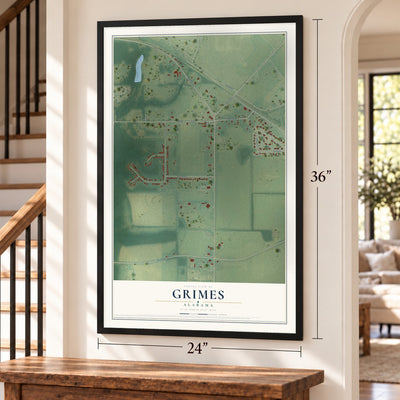Grimes, Alabama map, 24 x 36 inch print in a black frame by a staircase