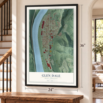 Glen Dale, West Virginia map, 24 x 36 inch print in a black frame by a staircase