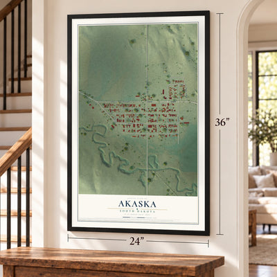 Akaska, South Dakota map, 24 x 36 inch print in a black frame by a staircase