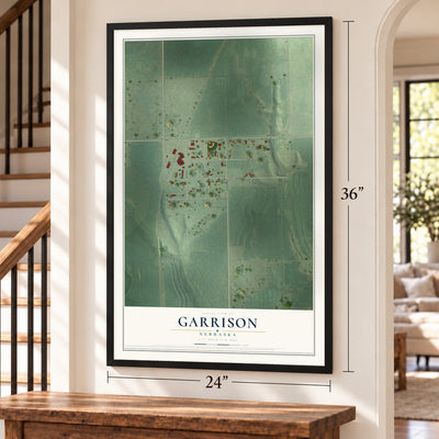 Garrison, Nebraska map, 24 x 36 inch print in a black frame by a staircase
