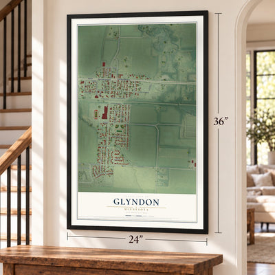 Glyndon, Minnesota map, 24 x 36 inch print in a black frame by a staircase
