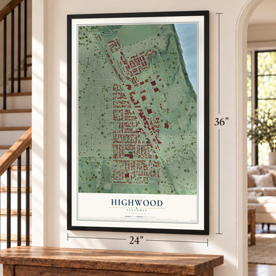 Highwood, Illinois map, 24 x 36 inch print in a black frame by a staircase
