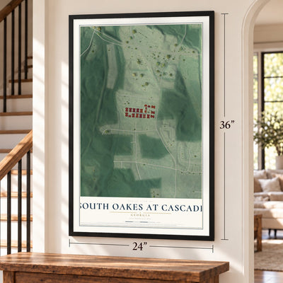 South Oakes at Cascade, Georgia map, 24 x 36 inch print in a black frame by a staircase