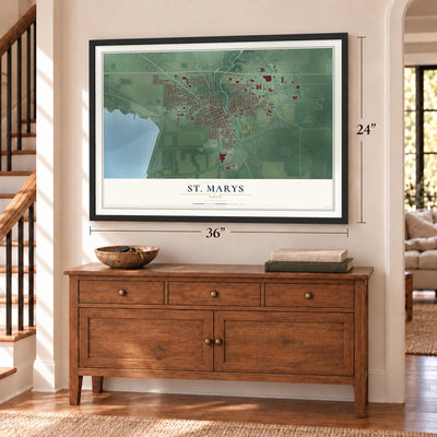St. Marys, Ohio map, 24 x 36 inch print in a black frame above a dresser by a staircase