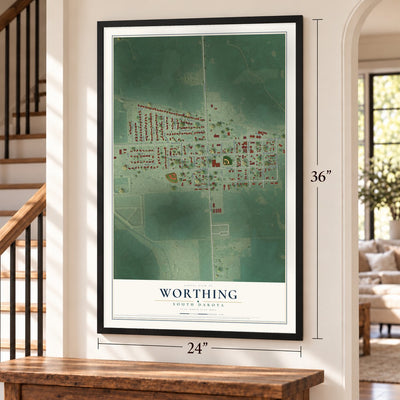 Worthing, South Dakota map, 24 x 36 inch print in a black frame by a staircase