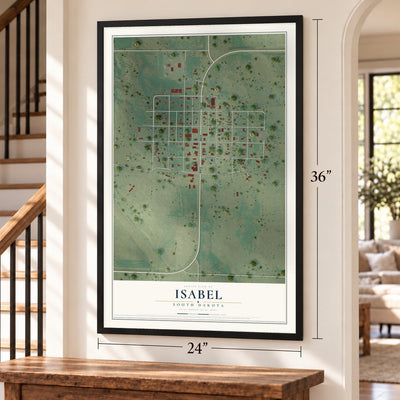 Isabel, South Dakota map, 24 x 36 inch print in a black frame by a staircase