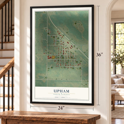 Upham, North Dakota map, 24 x 36 inch print in a black frame by a staircase