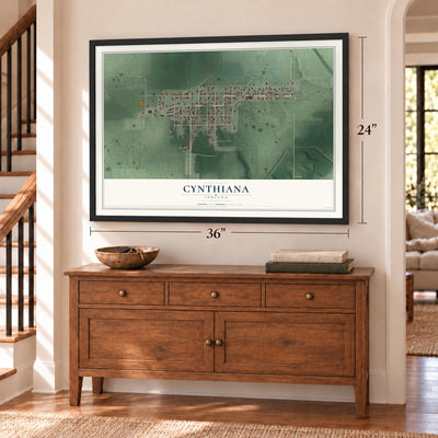 Cynthiana, Indiana map, 24 x 36 inch print in a black frame above a dresser by a staircase