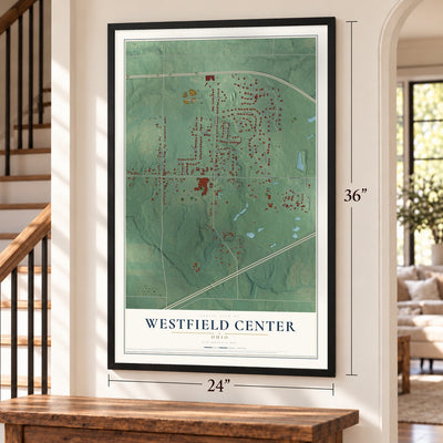 Westfield Center, Ohio map, 24 x 36 inch print in a black frame by a staircase