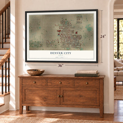 Denver City, Texas map, 24 x 36 inch print in a black frame above a dresser by a staircase
