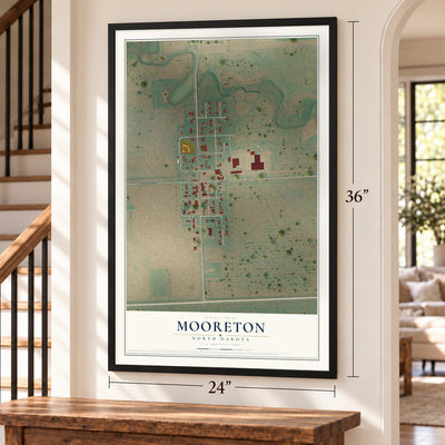 Mooreton, North Dakota map, 24 x 36 inch print in a black frame by a staircase