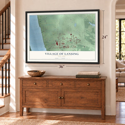 Village of Lansing, New York map, 24 x 36 inch print in a black frame above a dresser by a staircase