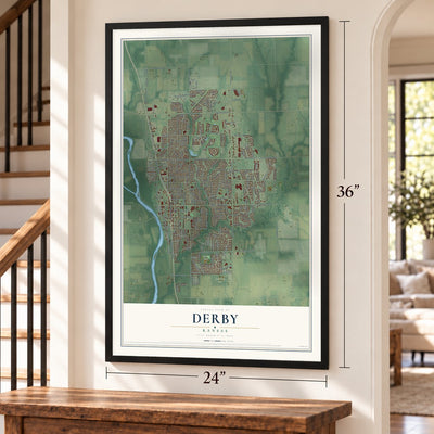 Derby, Kansas map, 24 x 36 inch print in a black frame by a staircase