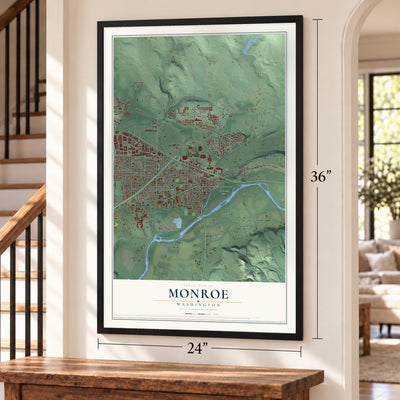 Monroe, Washington map, 24 x 36 inch print in a black frame by a staircase