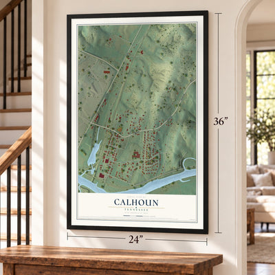 Calhoun, Tennessee map, 24 x 36 inch print in a black frame by a staircase