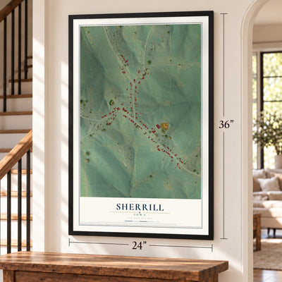 Sherrill, Iowa map, 24 x 36 inch print in a black frame by a staircase