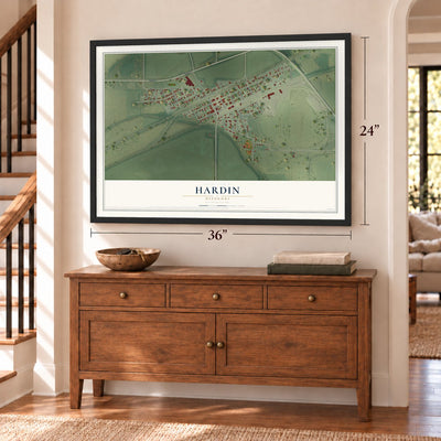 Hardin, Missouri map, 24 x 36 inch print in a black frame above a dresser by a staircase