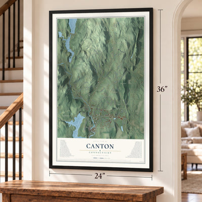 Canton, Connecticut map, 24 x 36 inch print in a black frame by a staircase