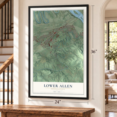 Lower Allen, Pennsylvania map, 24 x 36 inch print in a black frame by a staircase